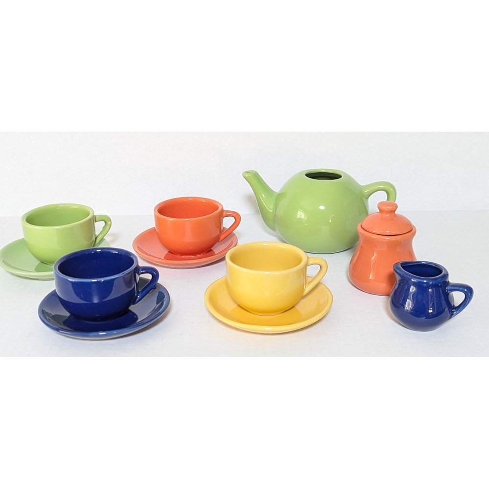 Schylling Children's Ceramic Tea Set/Tea Pot Cups Saucers Cream and Sugar WOB